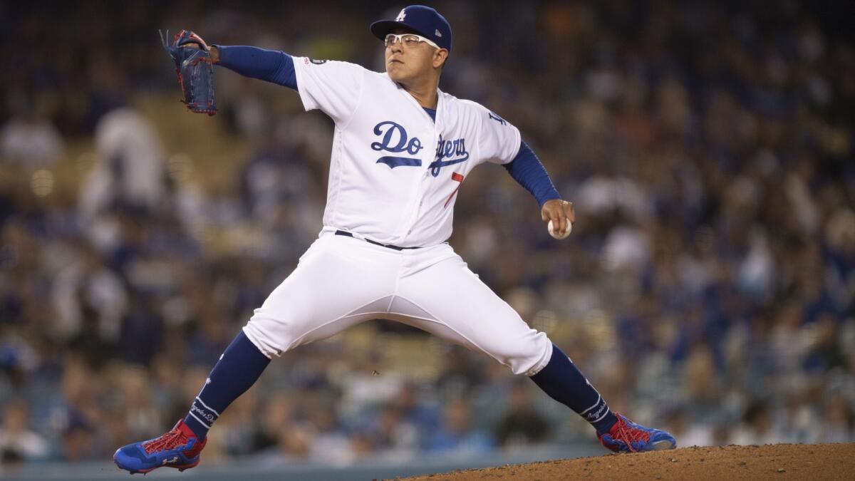 Dodgers pitcher Julio Urias pitches against the Chicago Cubs at Dodger Stadium on June 13.