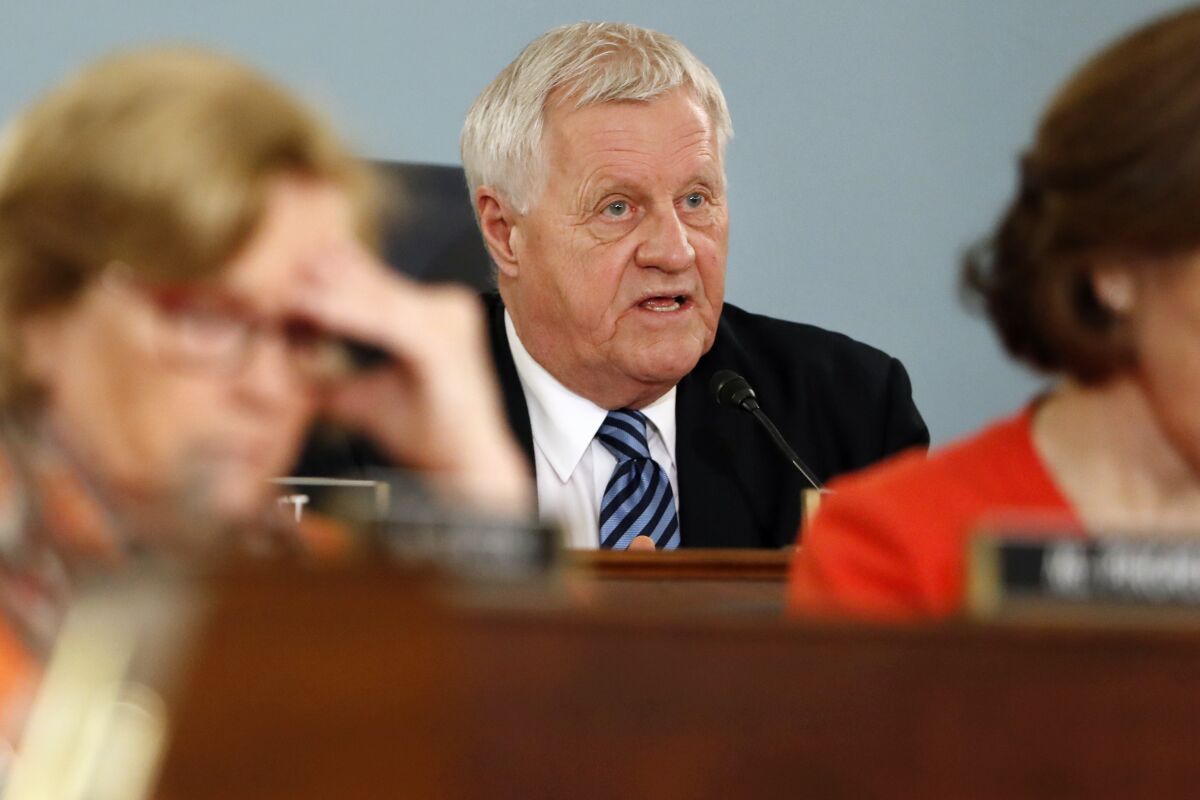 FILE - In this Feb. 27, 2019 file photo, House Agriculture Committee Chairman Rep. Collin Peterson, D-Minn., asks a question on Capitol Hill in Washington. Veteran representatives facing tight reelections in include Peterson of Minnesota and Steve Chabot of Ohio. (AP Photo/Jacquelyn Martin, File)
