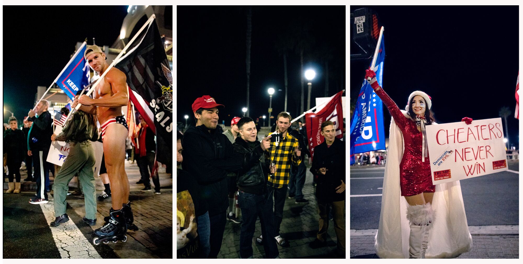 A triptych of people with pro-Trump and red white and blue flags and gear at a nighttime protest