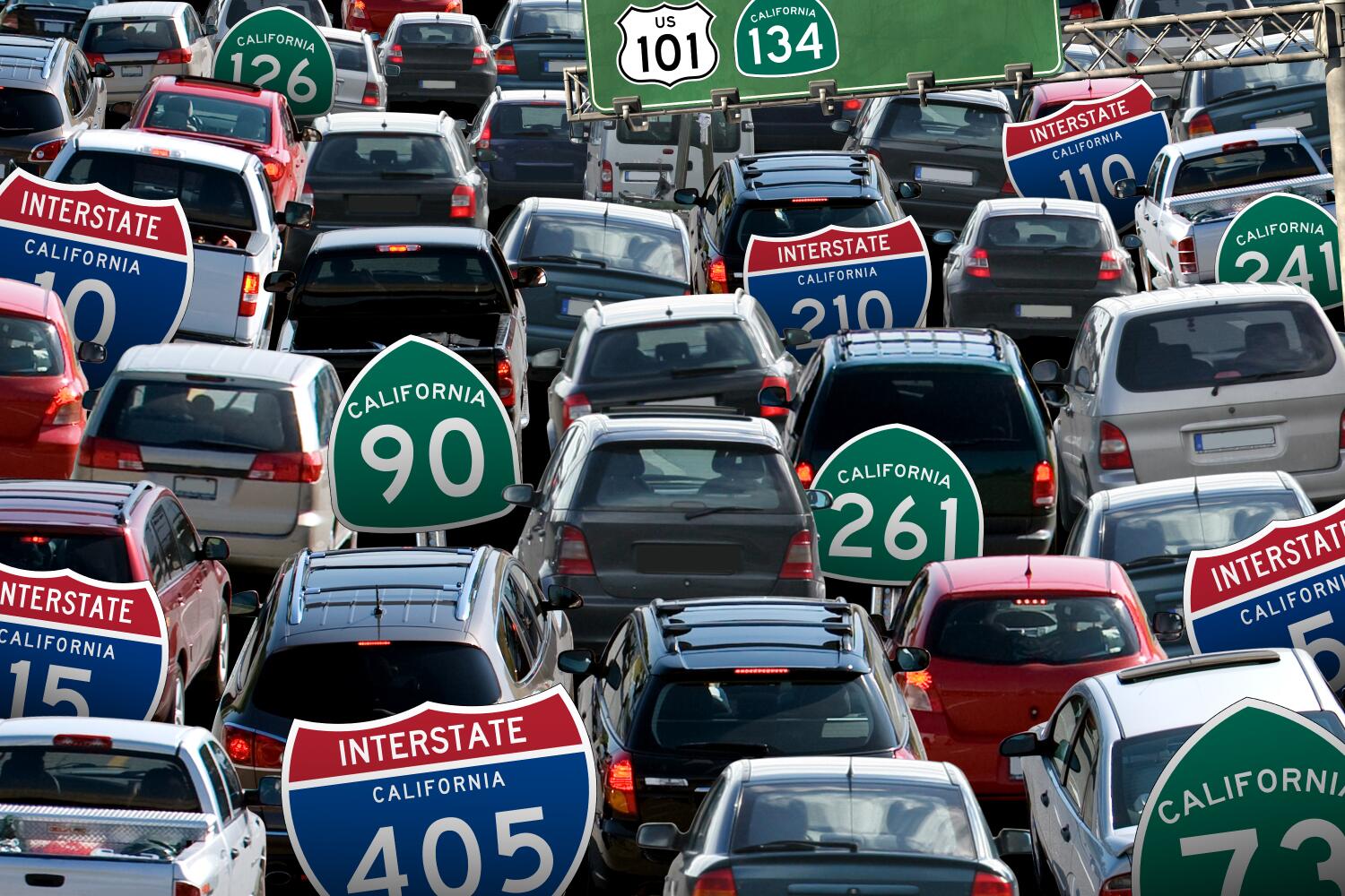 photo illustration of several cars in traffic with highway signs among them