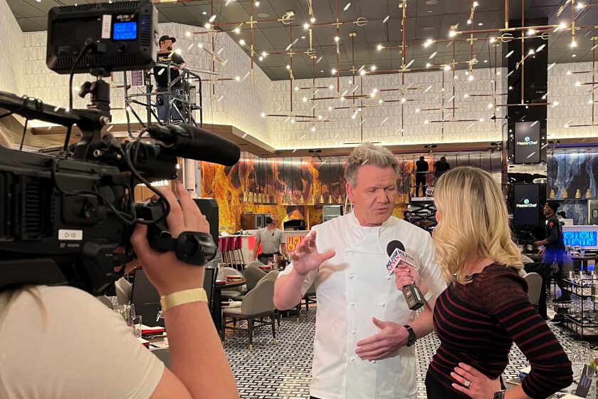British chef Gordon Ramsay is interviewed by KUSI reporter Allie Wagner on Feb. 15, 2023.