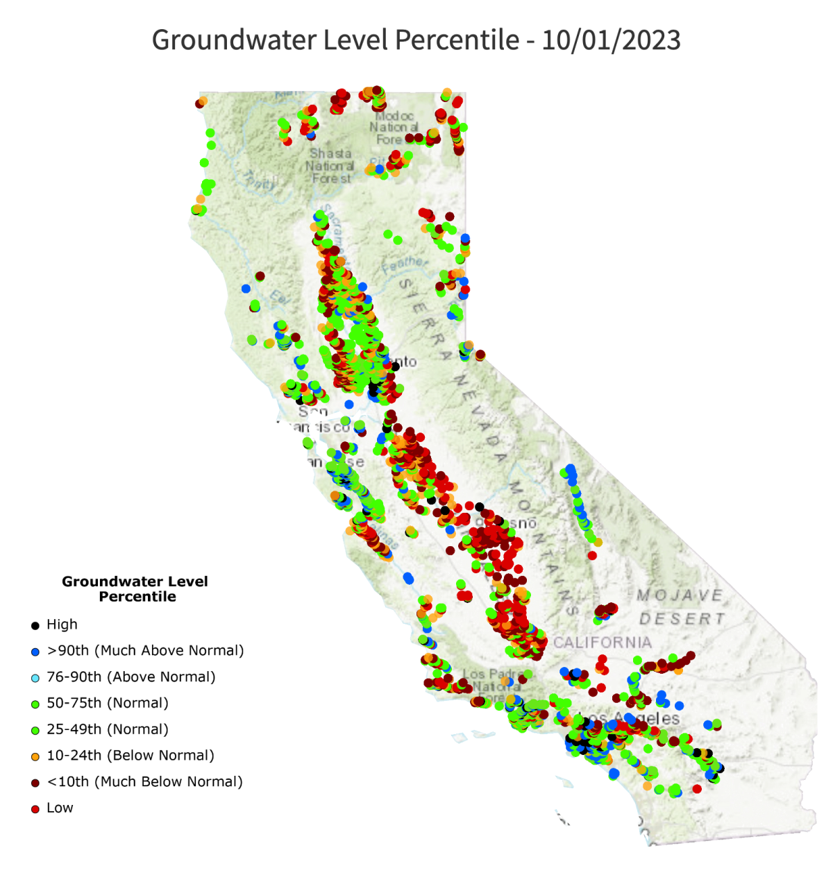 A California map displays different-colored dots to show groundwater levels across the state.