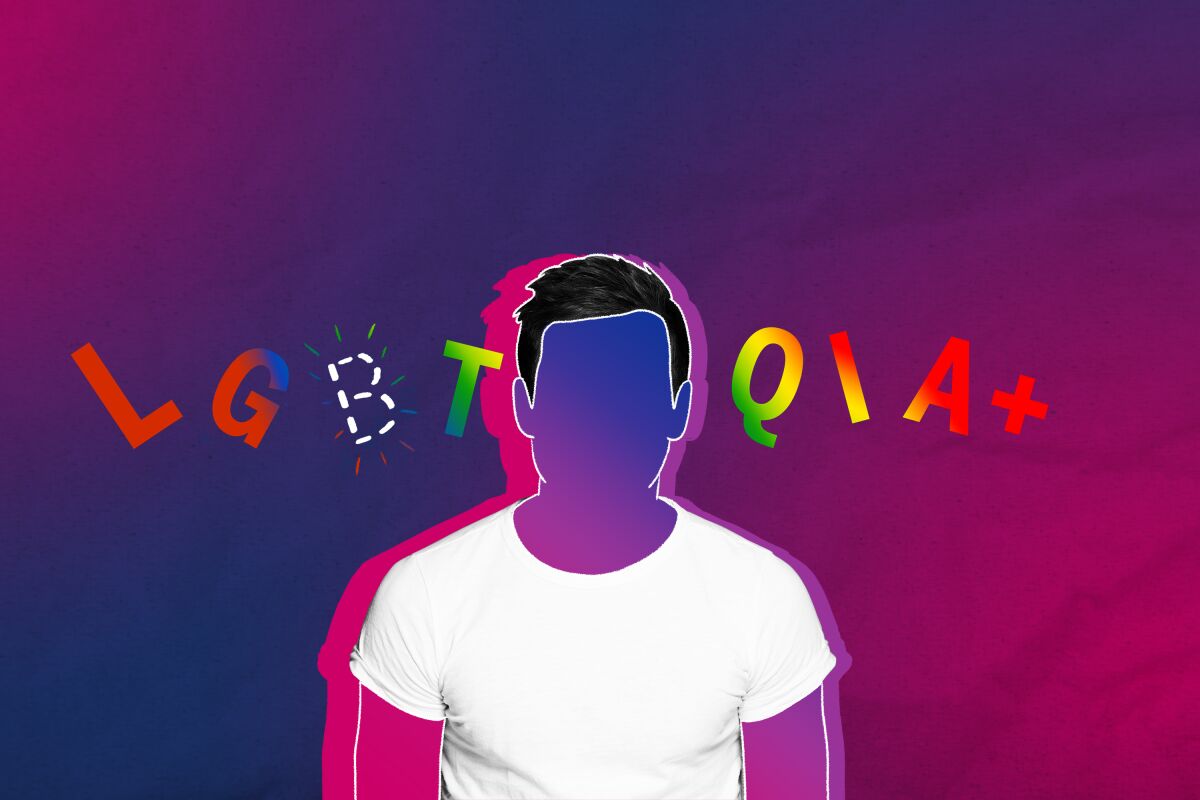 Illustration of a young man in a white T-shirt, with the letters LGBTQIA+ around him. 