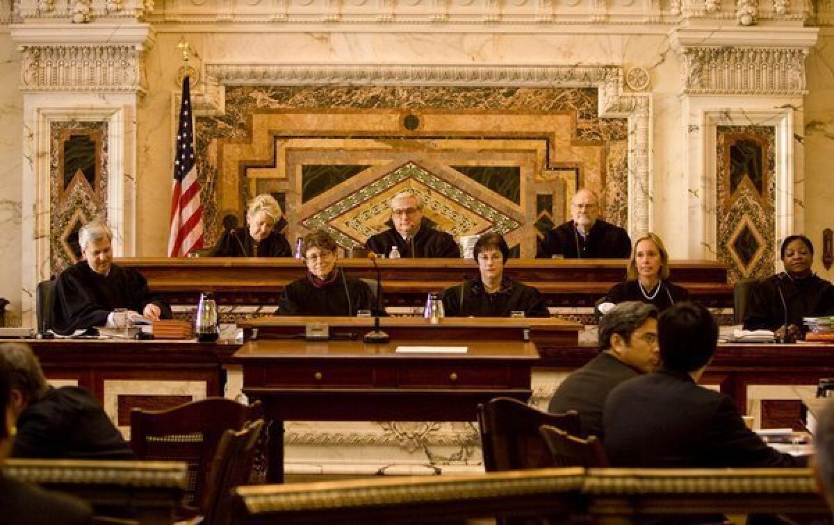 The 9th Circuit Court of Appeals is shown. During a hearing in San Francisco on Wednesday, a three-judge panel of the court considered two lower-court rulings that reached opposite conclusions about the constitutionality of the new state law prohibiting "conversion therapy" for gays.