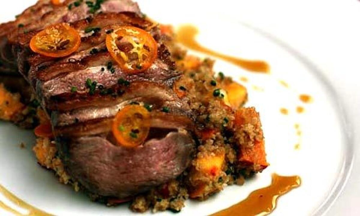 ADD A RHÔNE RED: Pan-roasted duck breast with bulgur, peaches and kumquat in a honey gastrique.