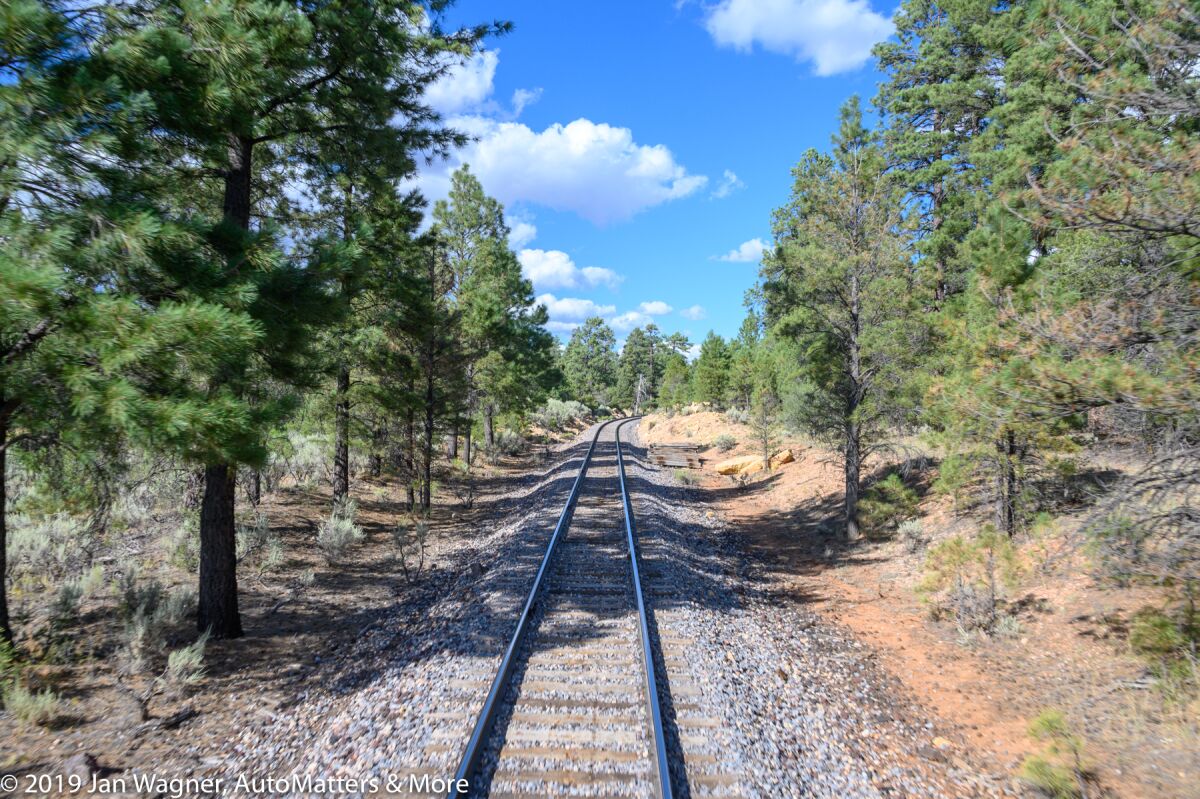 View from the outdoor rear platform on the Grand Canyon Railroad