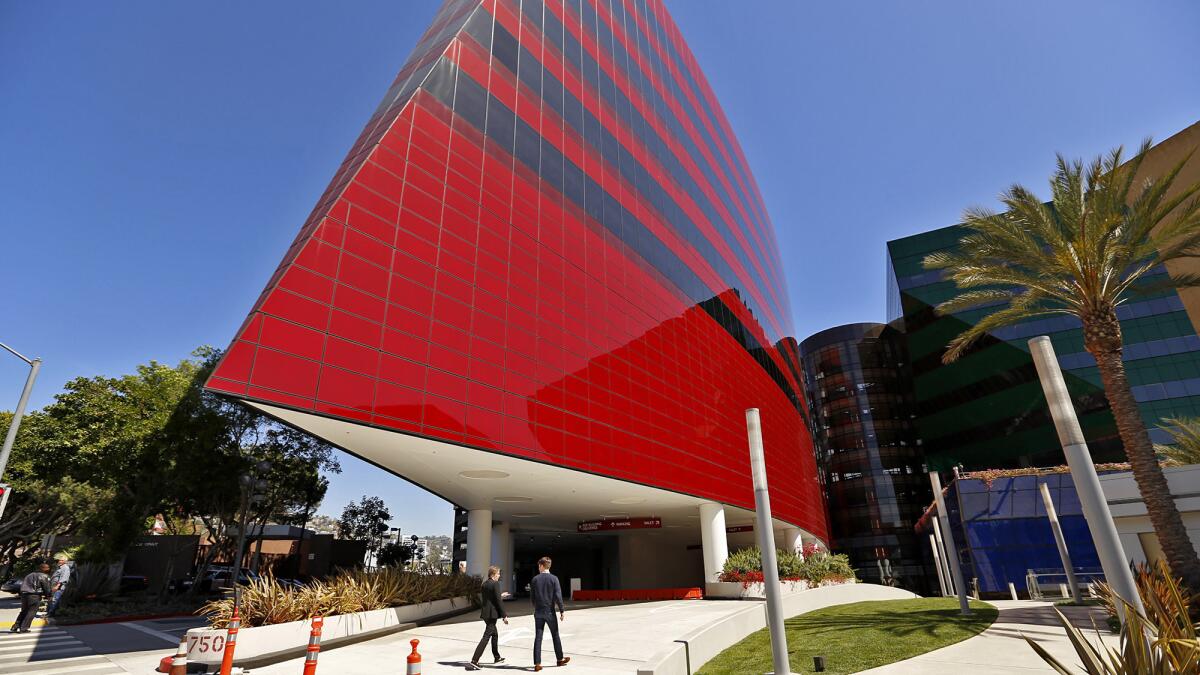 The red building at Cesar Pelli's Pacific Design Center in West Hollywood.
