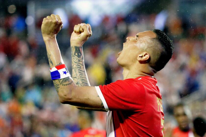 Panama's Blas Perez celebrates his game-winning goal against Bolivia during the second half of a Copa America group D match on June 6.