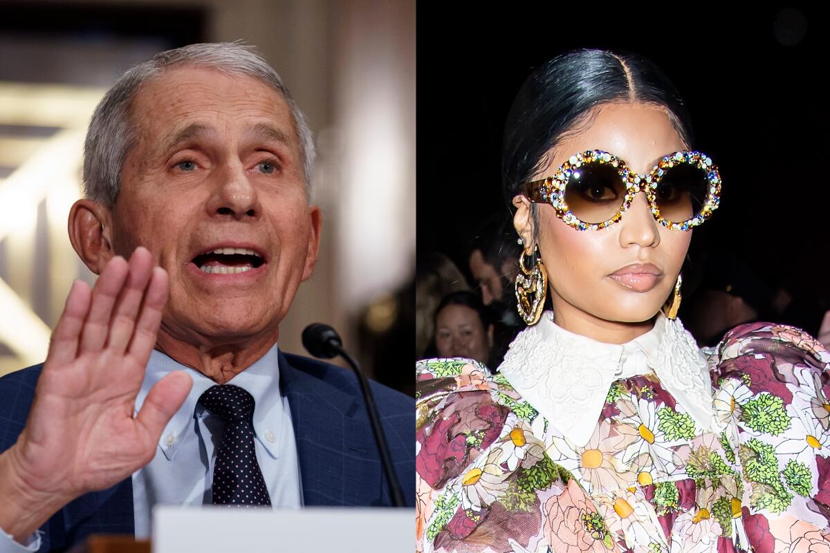 Pictures of an older man speaking at a microphone and a woman in a floral outfit and bejeweled shades.