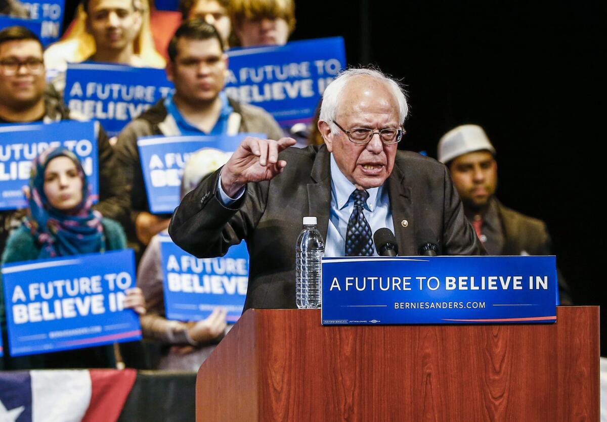 Bernie Sanders speaks at a campaign event in Dearborn, Mich., on March 7.