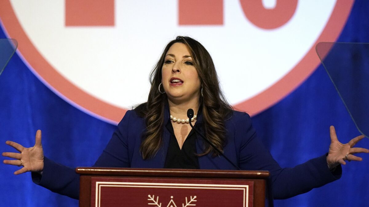 Ronna McDaniel, the GOP chairwoman, speaks during the Republican National Committee winter meeting on Friday.