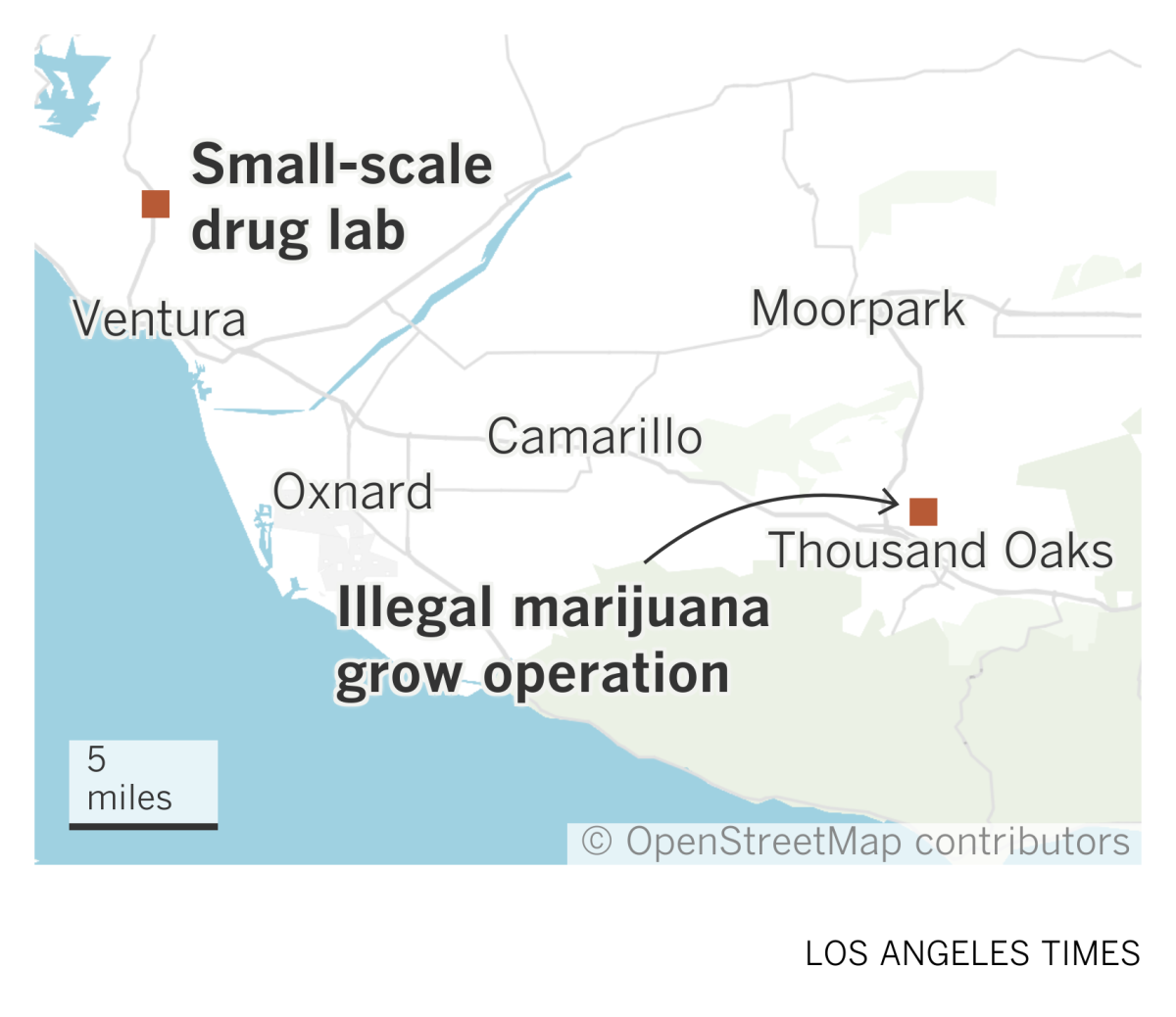 A map of Ventura County shows the locations of a drug lab near Ventura and a marijuana grow operation in Thousand Oaks