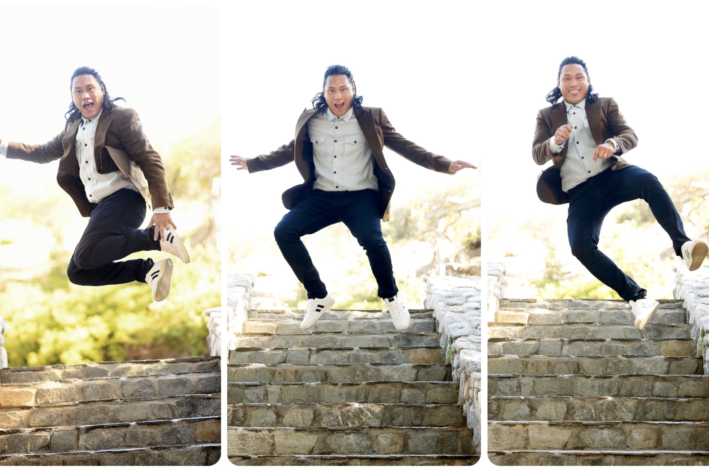 A triptych of director Jon M. Chu jumping on stone steps.