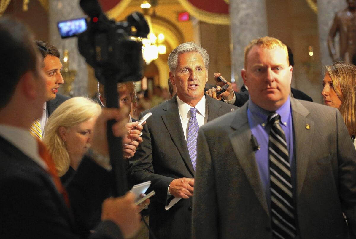 House Majority Whip Kevin McCarthy (R-Bakersfield), center, helped inspire the budget brinkmanship that forced a partial shutdown of the federal government for 16 days last fall.