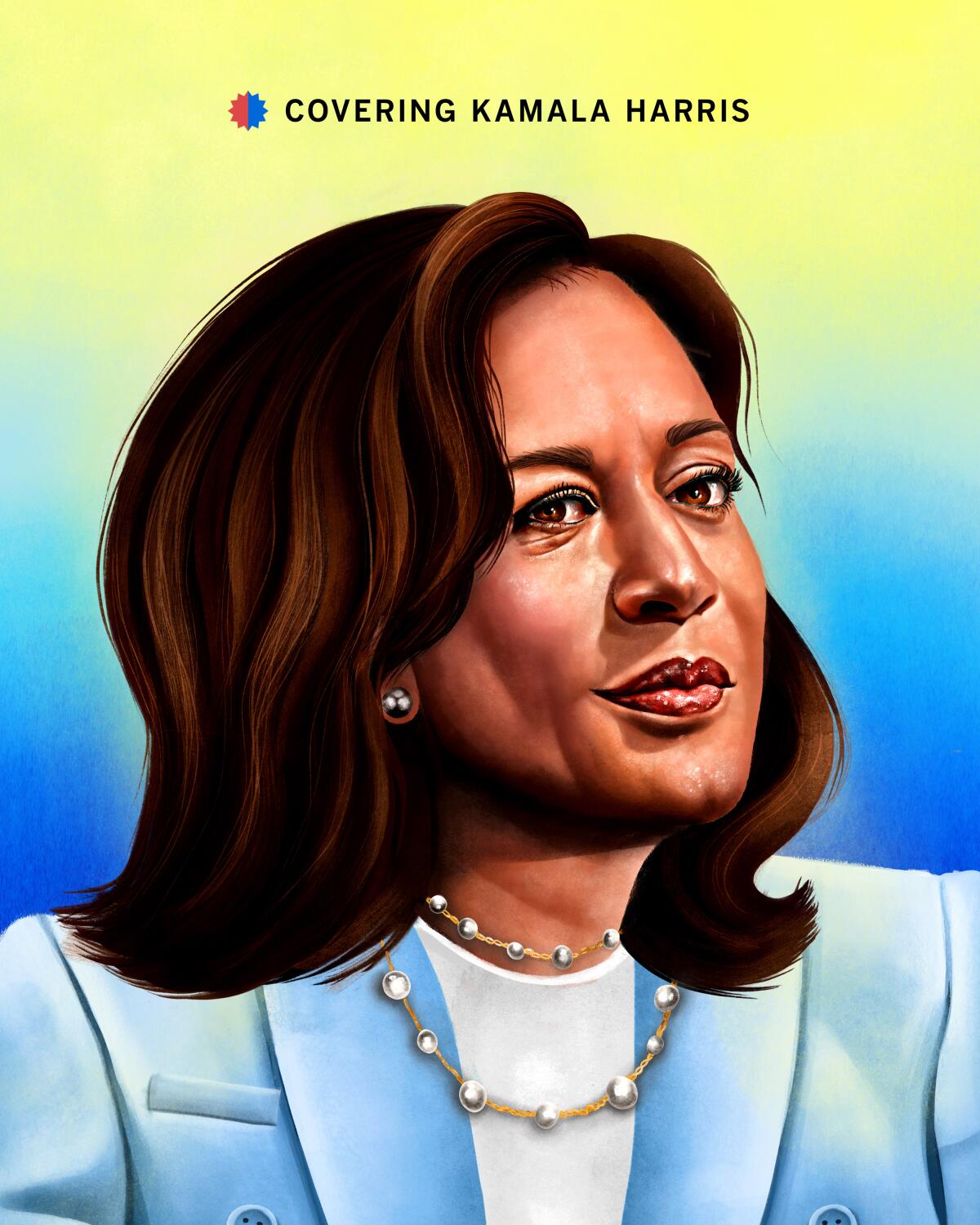 An illustration of Kamala Harris with the words "Covering Kamala Harris."