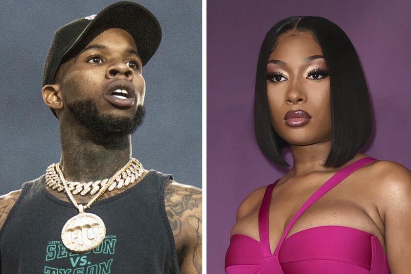 A collage of photos of rappers Tory Lanez and Megan Thee Stallion