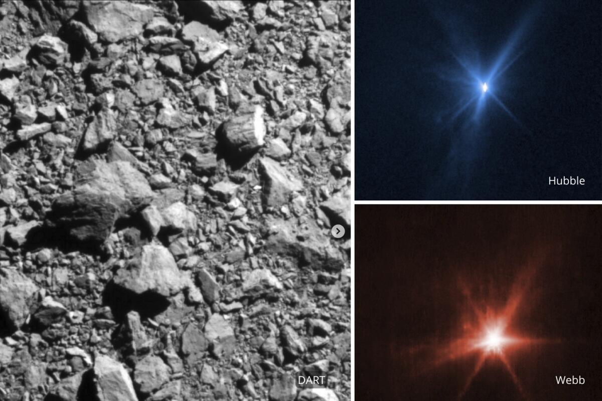 A black and white image of rubble, and two color images of starburst-like phenomena 