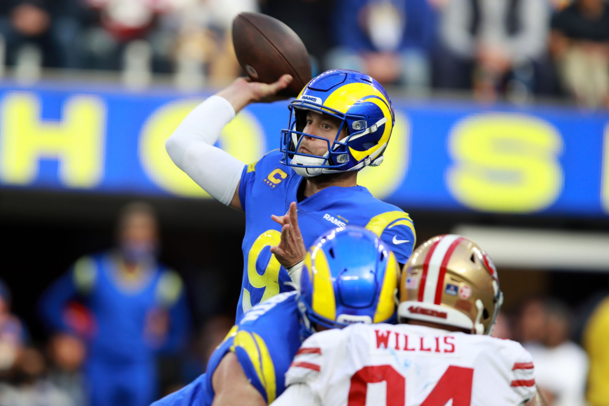 Rams quarterback Matthew Stafford passes against the San Francisco 49ers on Jan. 9.