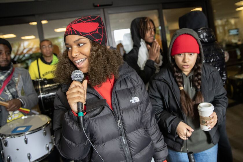 LOS ANGELES, CA - MARCH 22: Jailynn Butler Thomas, an 11th grade student at Dorsey High School and a leader with Students Deserve, speaks during student-led block party at LAUSD headquarters on Wednesday, March 22, 2023 in Los Angeles, CA. (Brian van der Brug / Los Angeles Times)