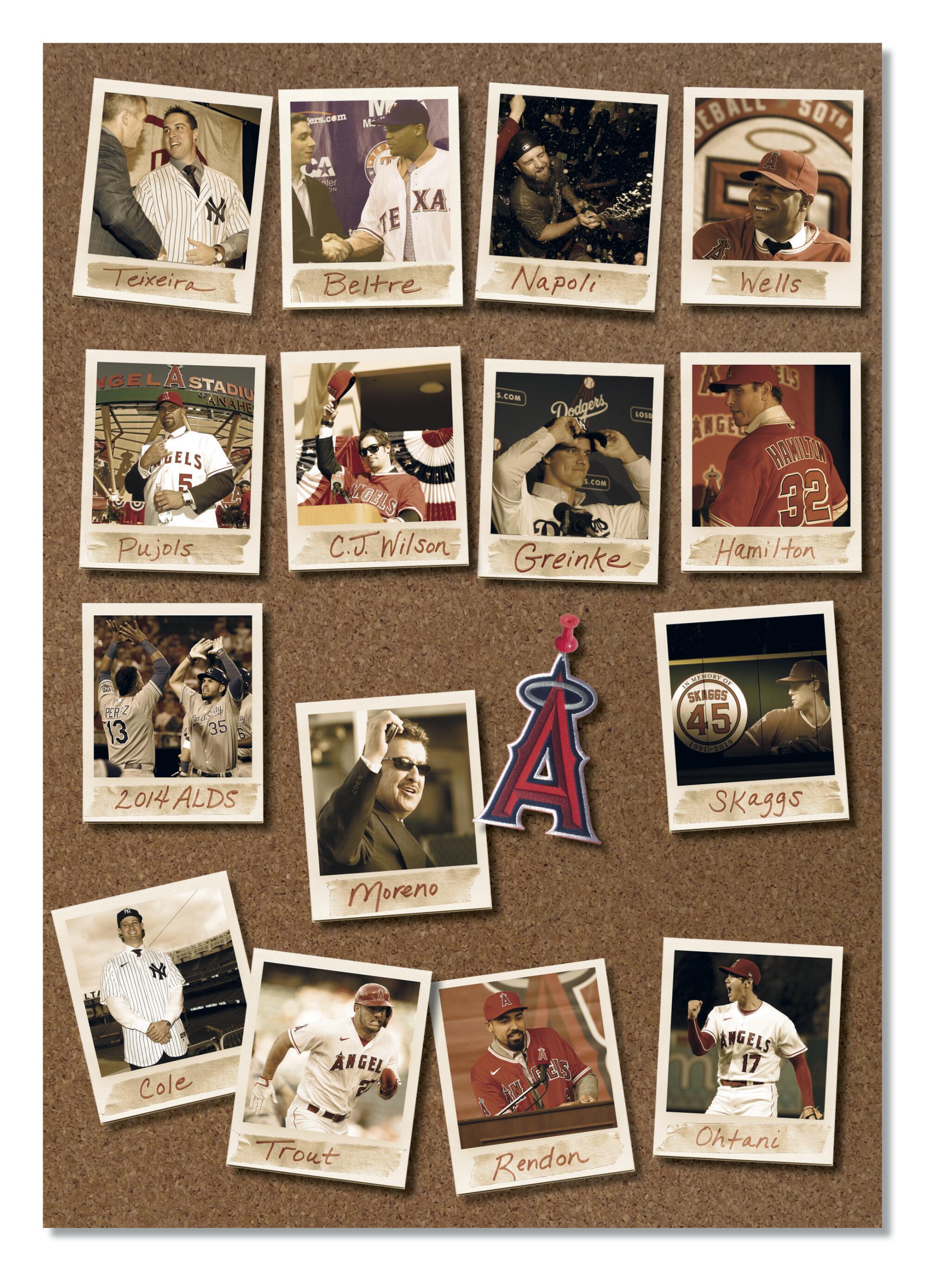 A photo illustration of a cork board with old-looking polaroid-like photos of various Angels players and personnel.