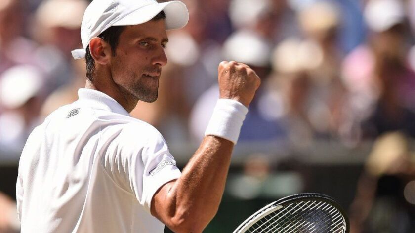 Novak Djokovic of Serbia celebrates winning the second set against South Africa's Kevin Anderson in the Wimbledon men's singles final Sunday.