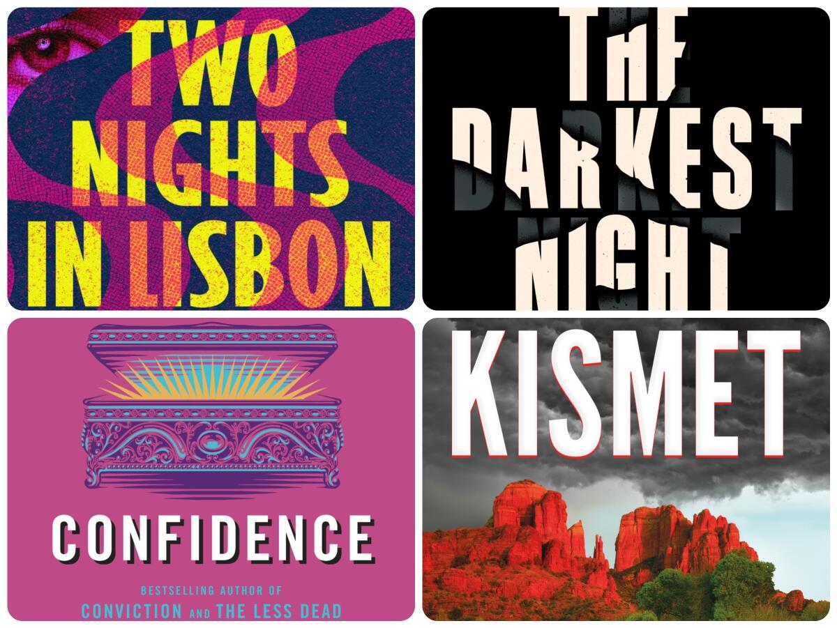 Book covers: "Two Nights in Lisbon," top left, "Even the Darkest Night," "Kismet" and "Confidence."