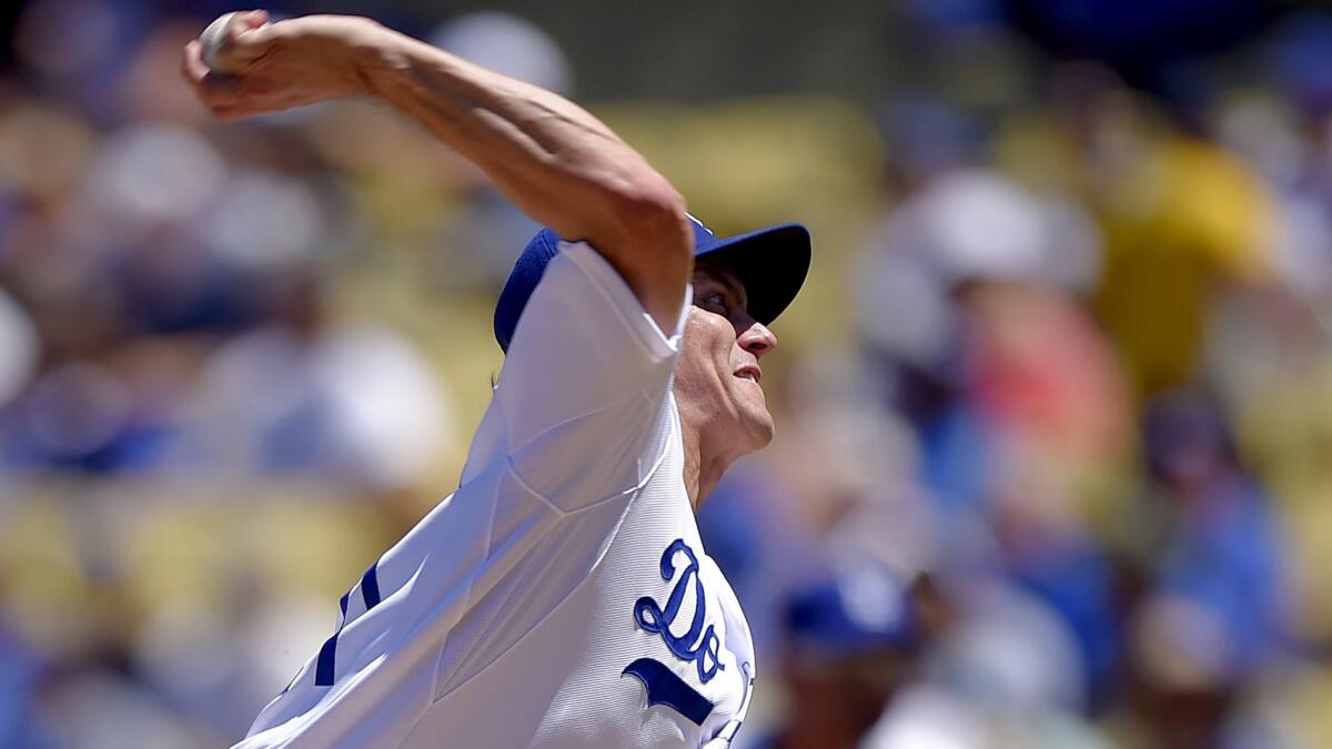 Dodgers starter Zack Greinke improved to 13-2 this season after pitching seven innings against the Reds on Sunday afternoon at Dodger Stadium.