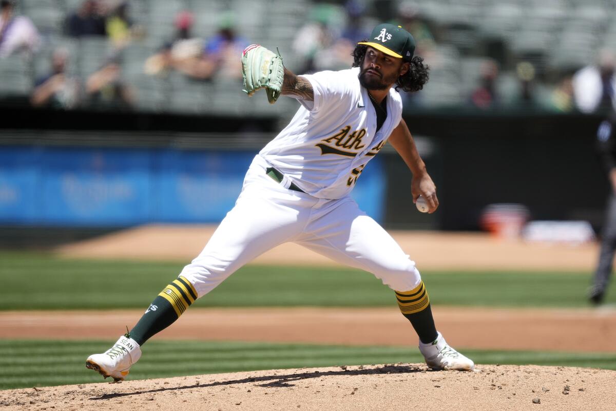 Oakland Athletics starting pitcher Sean Manaea delivers against the Arizona Diamondbacks during the second inning of a baseball game Wednesday, June 9, 2021, in Oakland, Calif. (AP Photo/Tony Avelar)