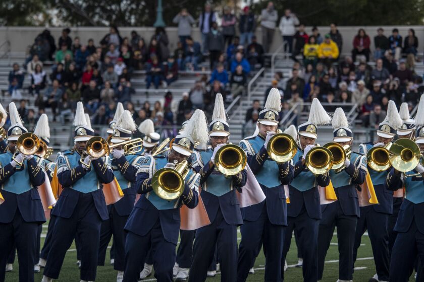 PASADENA, CALIF. -- MONDAY, DECEMBER 30, 2019: The Southern University Band known as the “Human Jukebox,” performs on the field during Bandfest at Robinson Stadium on the campus of Pasadena City College in Pasadena, Calif., on Dec. 30, 2019. (Brian van der Brug / Los Angeles Times)