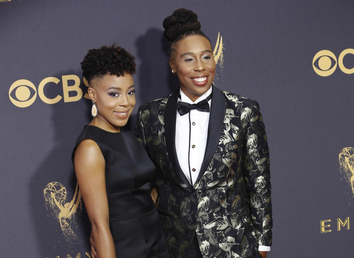 Lena Waithe, right, with girlfriend Alana Mayo at the 2017 Emmy Awards.