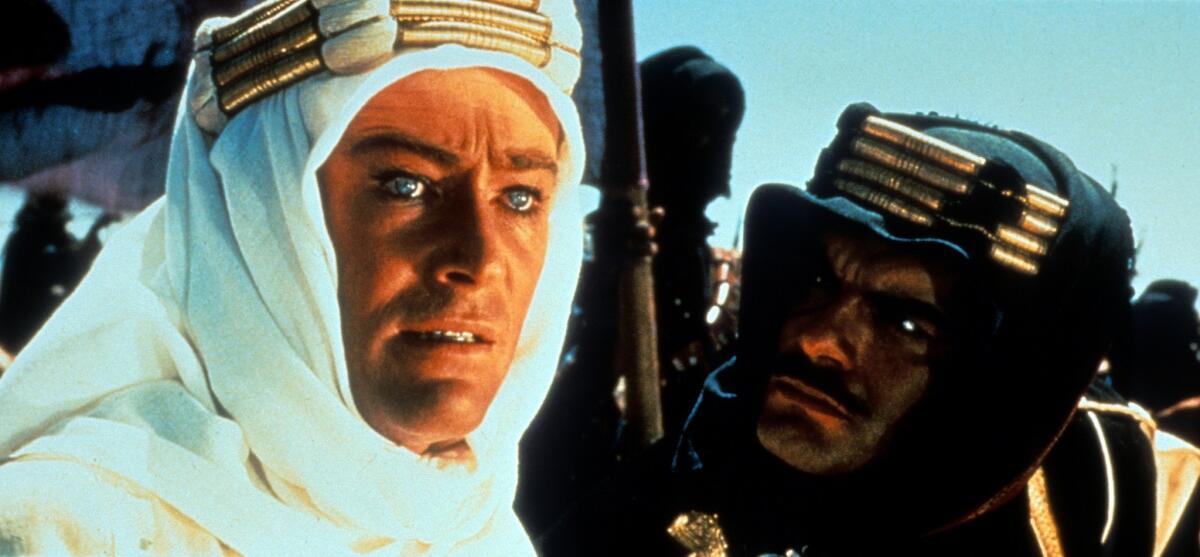 Peter O'Toole and Omar Sharif in a scene from the film "Lawrence of Arabia." (1962)