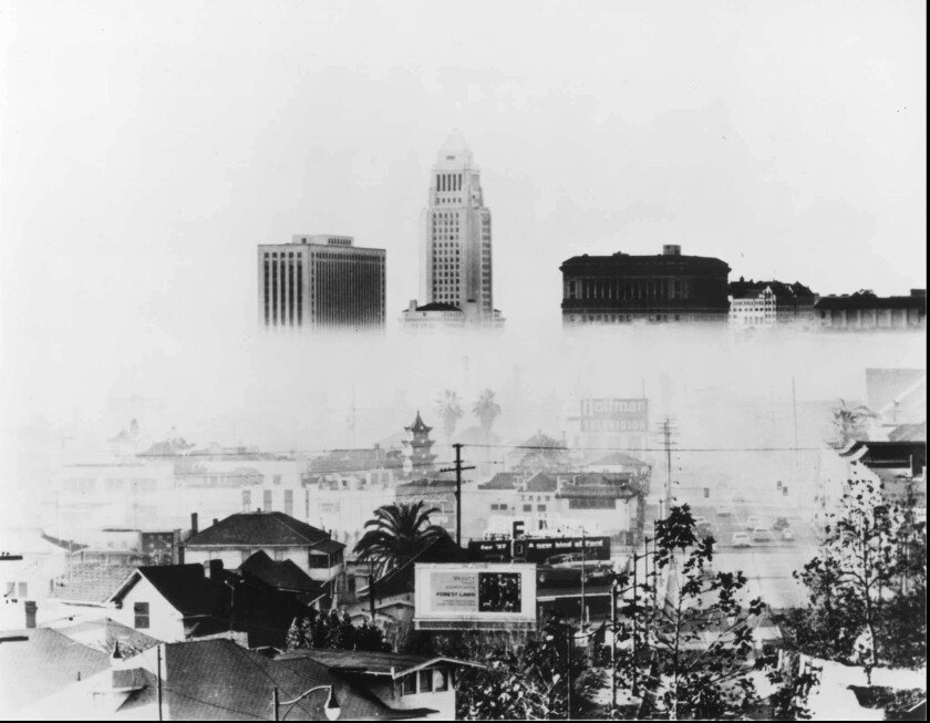 Smog shrouds downtown Los Angeles in 1956 or, in President Trump's view of air pollution policy, the good old days.