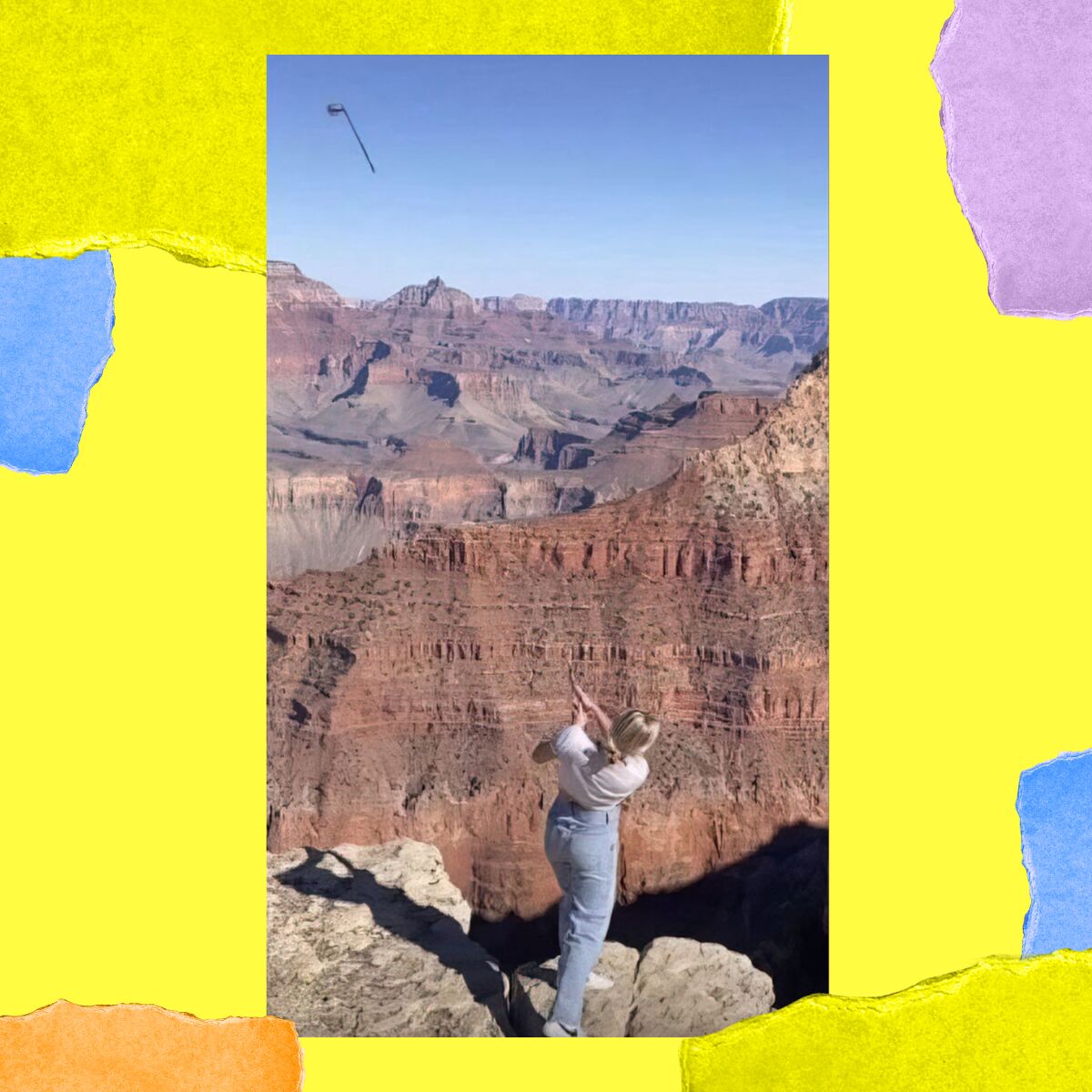 A woman appears to throw a golf club into the air over scenic canyons.