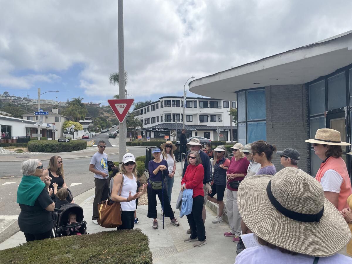 About 20 residents gather to talk about changes in Bird Rock during the inaugural Jane's Walk on May 7.
