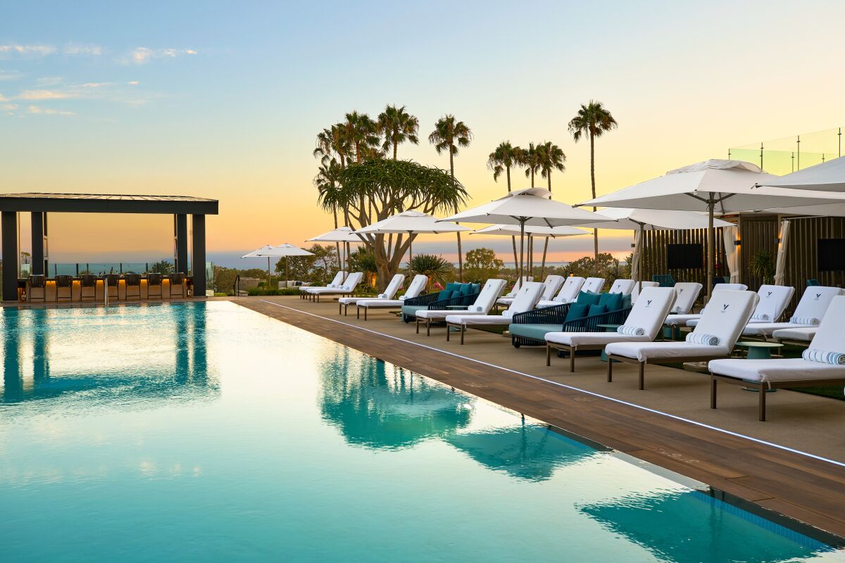 Lounge chairs under umbrellas poolside