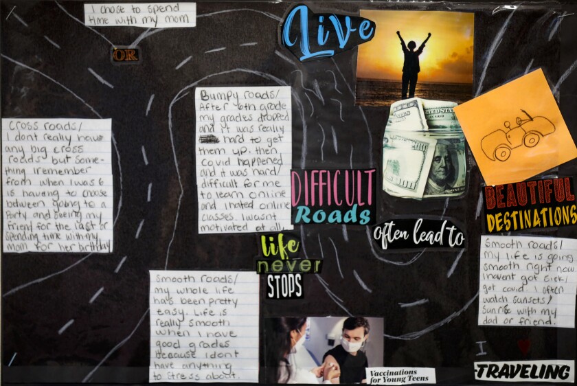 Here is an example of a student's road map of life which is displayed in a San Diego Unified ethnic studies class