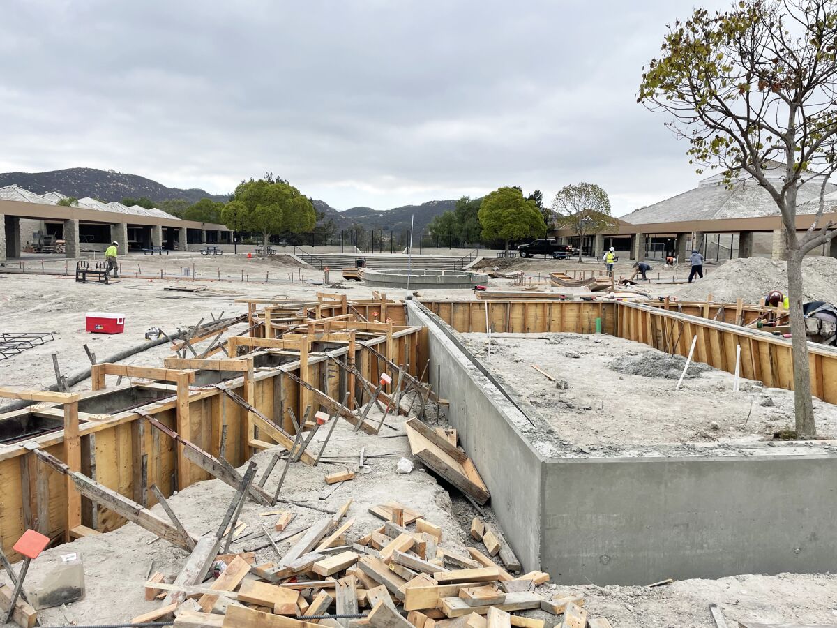 The new walls and planting bed areas being installed in early July in Rancho Bernardo High’s quad.