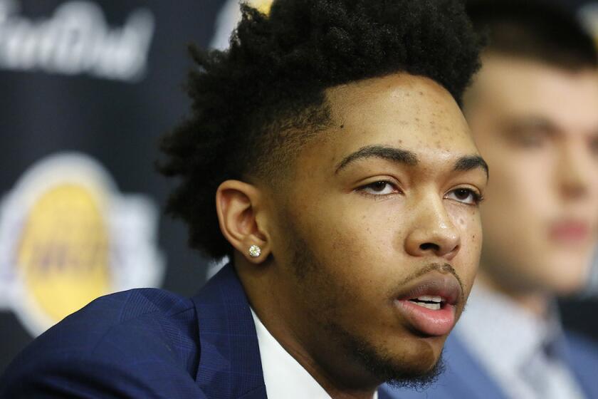 Lakers draft pick Brandon Ingram speaks with the media at a press conference in El Segundo on Tuesday.