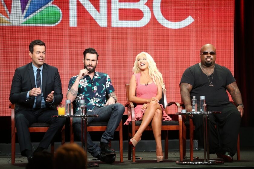 "The Voice" host Carson Daly, from left, with judges Adam Levine, Christina Aguilera and CeeLo Green.