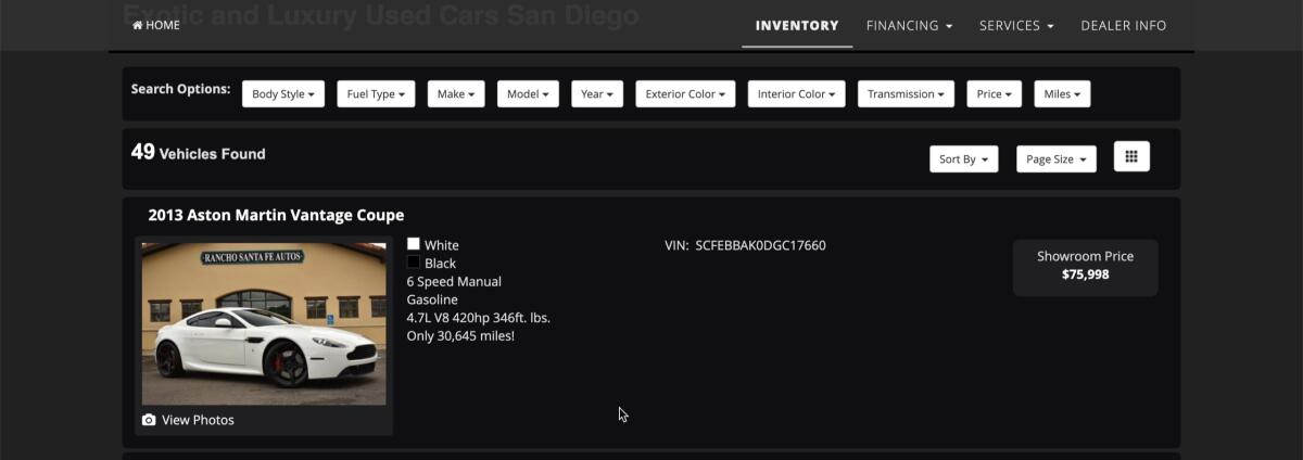 Rocco's Aston Martin when it was still listed on the Rancho Santa Fe Autos inventory page.