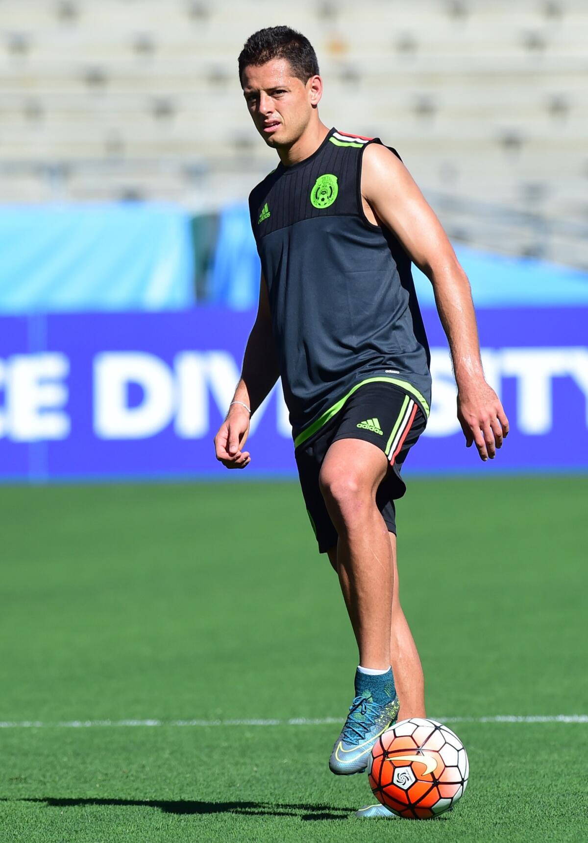 Mexico's Javier Hernandez and teammates take part in a training session at the Rose Bowl on Oct. 9.