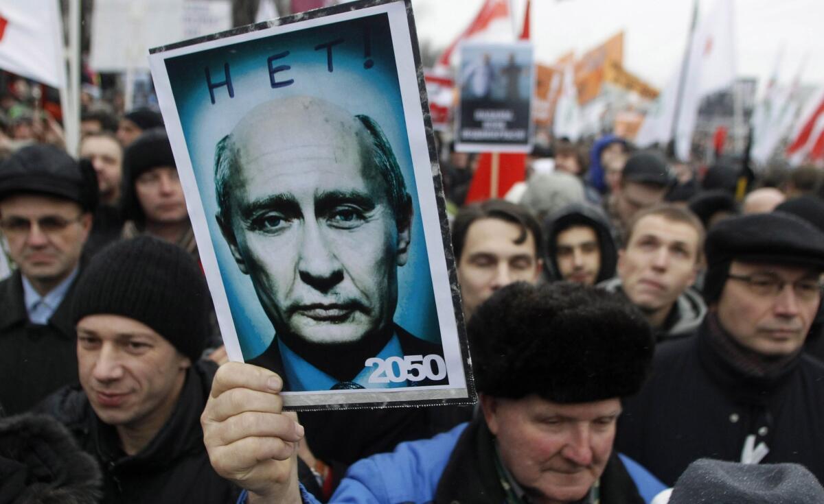 On Dec. 10, 2011, tens of thousands of people hold the largest anti-government protests that post-Soviet Russia had ever seen to criticize electoral fraud and demand an end to Vladimir Putin's rule.