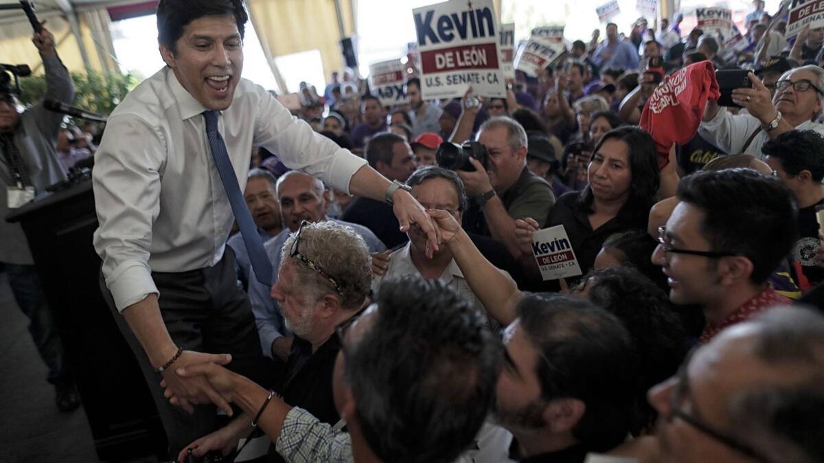 California Senate President Pro Tem Kevin de León shakes hands with supporters during an event held to formally announce his run for U.S. Senate on Oct. 18 in Los Angeles.
