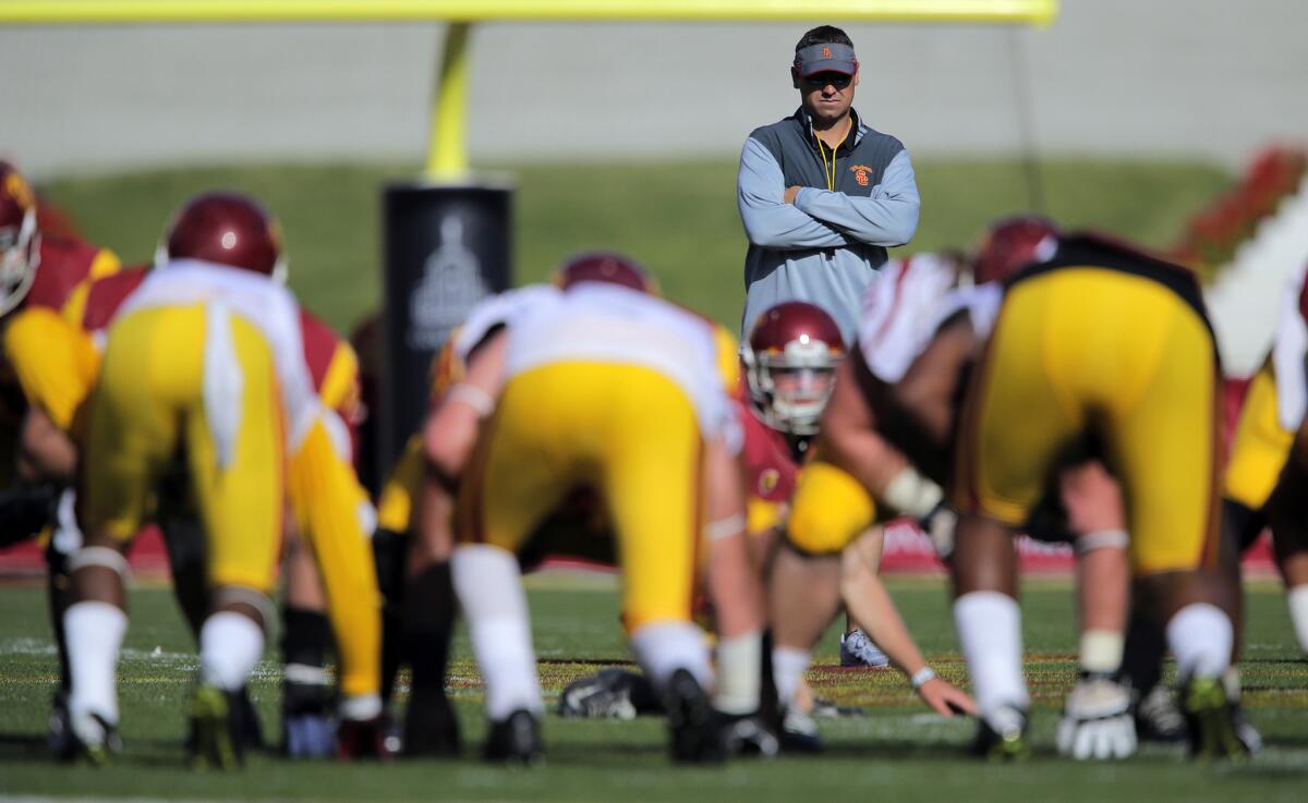 USC Coach Steve Sarkisian stands behind the line of scrimmage during the Trojans' annual spring game at the Coliseum on April 11.