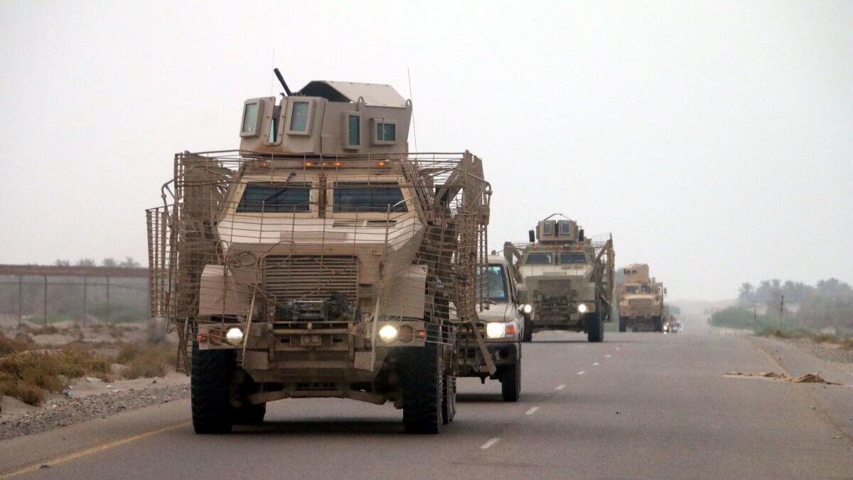 A Saudi-led coalition of troops near the outskirts of the western port city of Hudaydah, Yemen, on Tuesday.