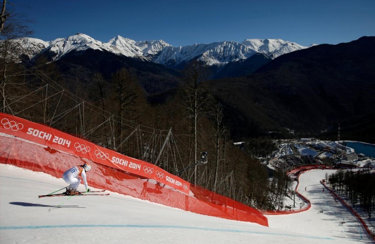 Stacey Cook skis in the women's Olympic downhill at Rosa Khutor, on her way to a 17th-place finish.