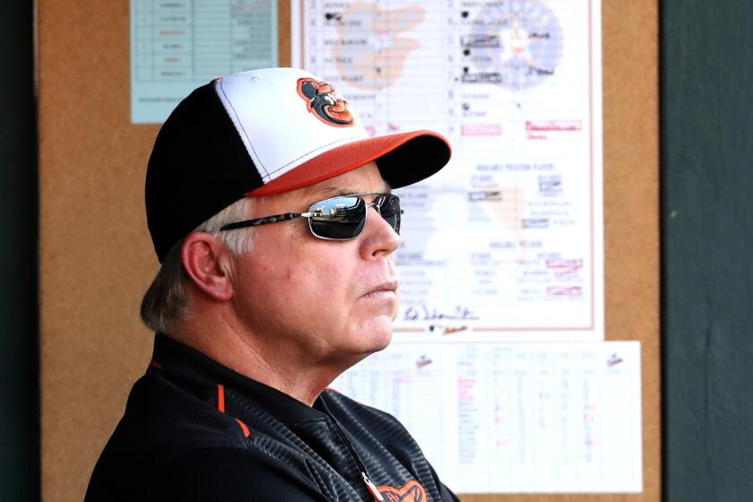 Orioles manager Buck Showalter looks on against the Houston Astros at Camden Yards on Sept. 30, 2018.