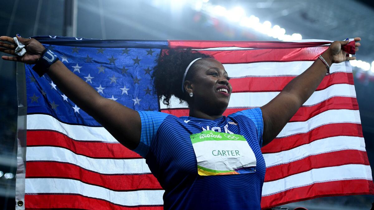 American shot putter Michelle Carter celebrates after winning the gold medal Friday.