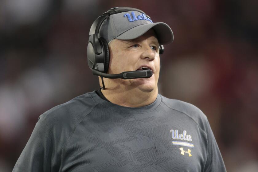 PULLMAN, WASHINGTON - SEPTEMBER 21: Head coach Chip Kelly of the UCLA Bruins looks on in the first half against the Washington State Cougars at Martin Stadium on September 21, 2019 in Pullman, Washington. UCLA defeats Washington State 67-63. (Photo by William Mancebo/Getty Images)