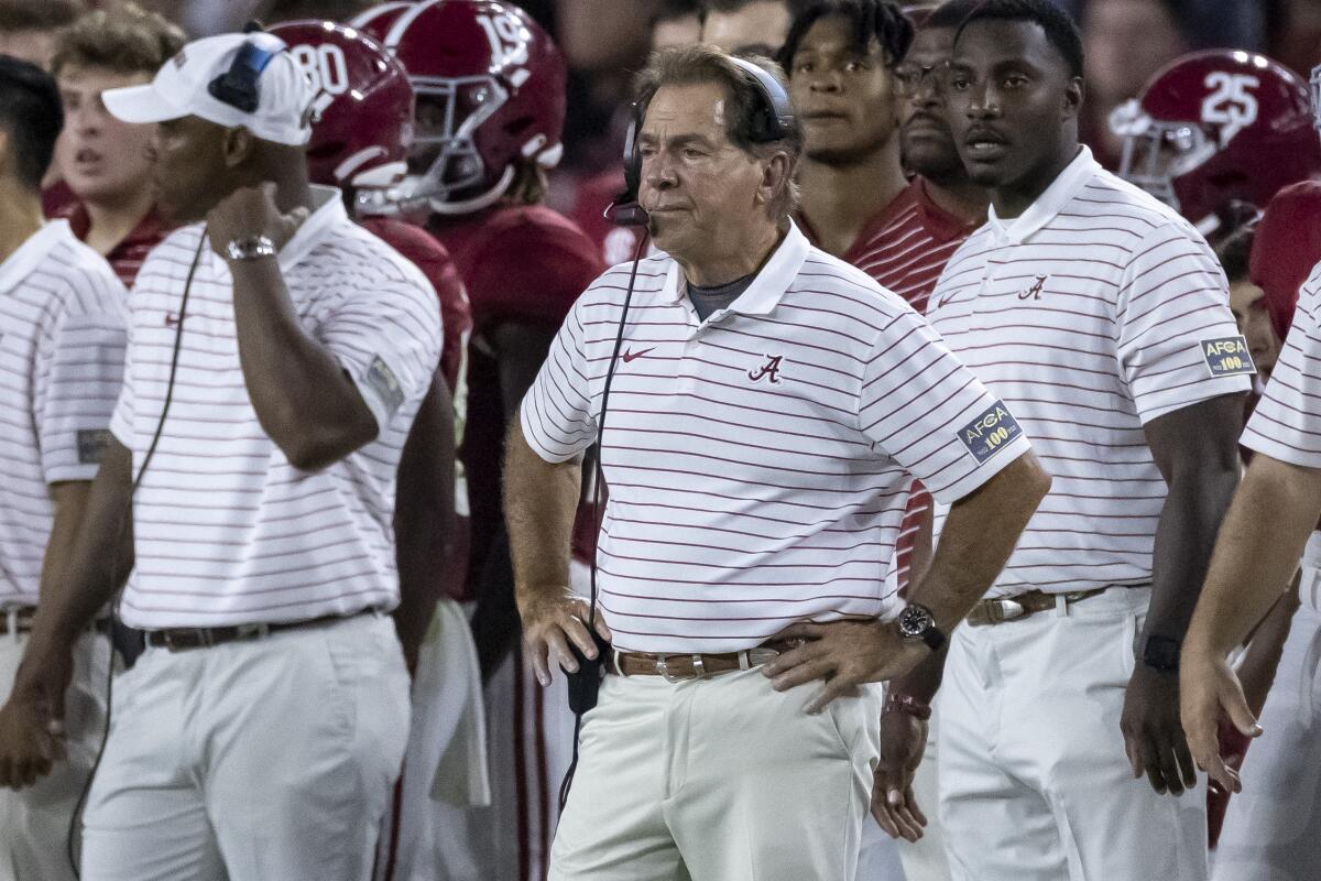 Alabama coach Nick Saban watches during the first half of the team's NCAA college football game against Utah State, Saturday, Sept. 3, 2022, in Tuscaloosa, Ala. (AP Photo/Vasha Hunt)